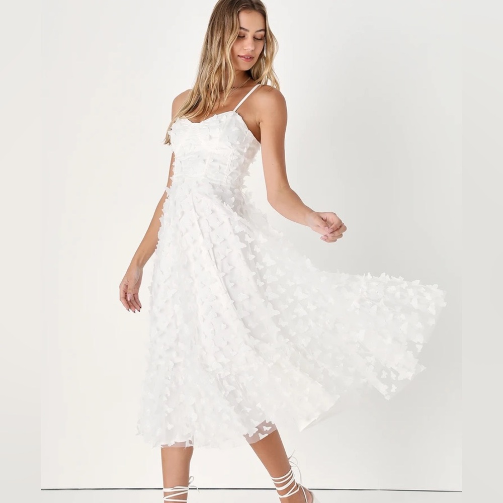 Lulu’s “Time to Fly White Butterfly Lace-Up Midi Dress”